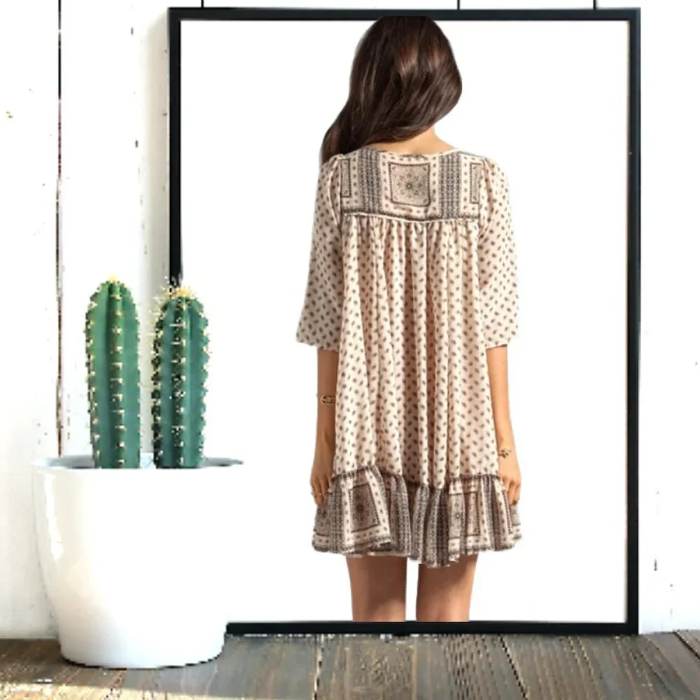 Free People Penny Lane Tea Cream Boho Paisley Floral Short Dress, Size XS